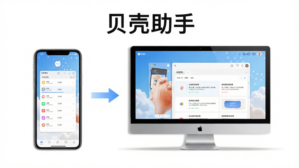 贝壳助手使用教程示意图,画面展示手机与电脑屏幕中软件操作步骤,配以箭头指示,背景为纯白色,突出“贝壳助手”名称,风格清新简洁,画质细腻,无多余元素
