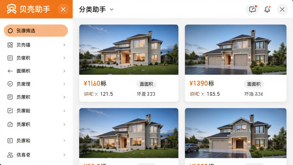 贝壳助手房源管理界面,左侧为分类筛选栏,右侧为房源卡片列表,卡片上显示房屋图片、价格、面积等关键信息,界面色调以白色和橙色为主,突出“贝壳助手”品牌标识,排版整齐,画质清晰,无多余装饰