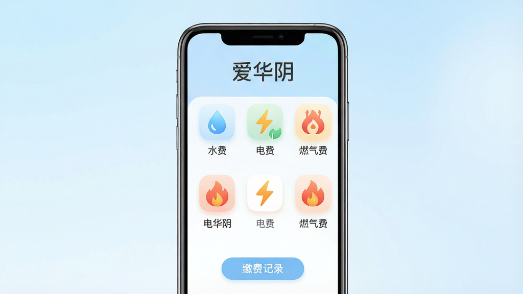 ���壺�ֻ���Ļ��ʾ��������������ɷ�ҳ�棬�ж���ɷ���Ŀͼ�ꡣ���֣��ֻ����У�����Ϊ����ɫ���䣬�ɷ���Ŀͼ���ų����С��Ű棺ͼ���·�������˵�����硰ˮ�ѡ�������ѡ�����ȼ���ѡ��������С������������֡�������·��ͼ��Բ��ɫ����͡�ϸ�ڣ�ÿ��ͼ�궼��Сͼ������ˮ�Ρ����硢���棬�ײ��С��ɷѼ�¼����ť�����ʣ�1080P���ɾ����޶���Ԫ�ء�