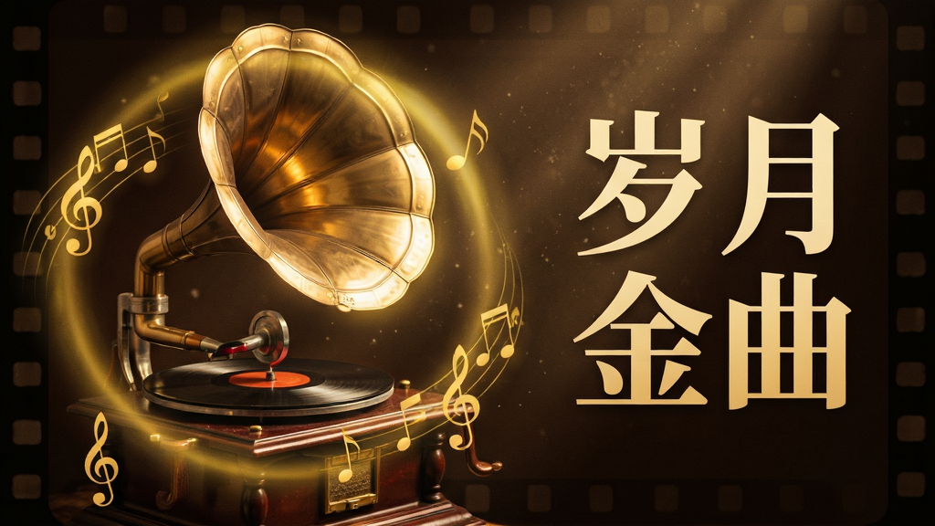 主体为一部复古造型的留声机正在播放唱片,周围环绕着泛黄的光晕和飘动的金色音符。布局采用中心构图,留声机位于画面中央偏左,右侧留白处用艺术字体写着“岁月金曲”四个大字。风格为怀旧复古风,带有轻微的胶片颗粒质感,色调以暖金色和深棕色为主。细节方面,唱片纹理清晰可见,空气中的尘埃粒子在光束中漂浮,画质高清干净,无多余元素。