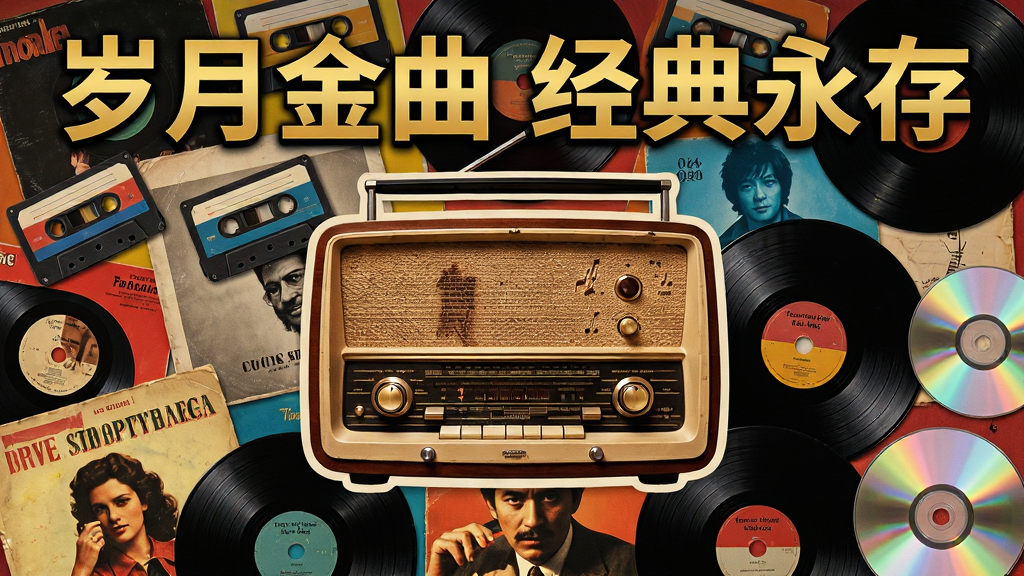 主体为一幅充满年代感的音乐海报拼贴画,中央是一台老式收音机,周围散落着不同年代的专辑封面。布局为平铺式,收音机位于画面中心位置,四周环绕着磁带、黑胶唱片和CD等元素,画面顶部用醒目的金色字体写着“岁月金曲 经典永存”。风格为复古拼贴艺术,色彩浓郁饱和,细节丰富但层次分明,画质清晰干净,无多余元素。