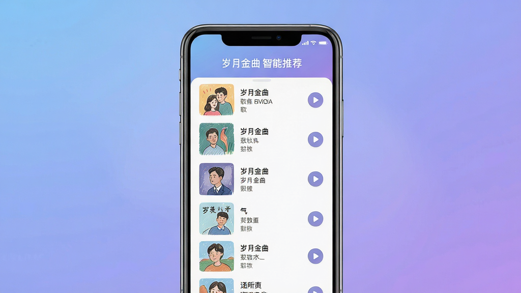 主体设计为手机界面的概念图,屏幕内展示着排列整齐的歌曲列表,每首歌的封面都是手绘风格。布局为手机竖屏居中展示,背景是柔和渐变的蓝紫色。风格为简约现代UI设计,界面元素清晰,顶部有“岁月金曲 智能推荐”字样。细节包括歌曲名、歌手名和播放按钮,画质高清干净,无多余元素。
