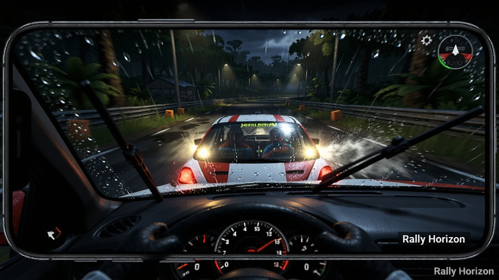 �ֻ�������ʾRally Horizon��Ϸ���棬������һ����������ҹ�����������ɳۣ���������ǰ��ʪ����·�棬��ν����ھ�ͷ�ϡ����ֲ��õ�һ�˳Ƽ�ʻ�ӽǣ�����������Զ�������Ϊ�߶�̬��Χдʵ��Ⱦ����Ӱ�Ա�ǿ�ң����Ч����ʵ��ϸ�ڰ���������ڶ�����̥ѹ��ˮ�ӽ���ˮ���Լ��Ǳ���΢�ⷴ���ڵ��粣���ϣ�����ϸ��ɾ����޶���Ԫ�أ����½ǿɼӰ�ɫС��
