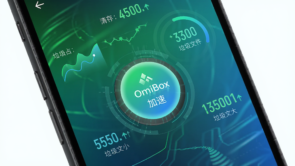 ���壺С�� OmniBox�ֻ����ٹ��ܽ��棬չʾ�����������ڴ��ͷ����ݣ����֣�����ΪԲ�μ��ٰ�ť����Χ��ʾ�ڴ�ռ�á������ļ���С�����ݣ��Ű棺���ݿ��ӻ�ͼ������ť��Ŀ����񣺶��пƼ��磬��ɫ����ɫ���䣻ϸ�ڣ����ٰ�ť������Ч��������ʵʱ���������ʣ����壬�ɾ����޶���Ԫ��