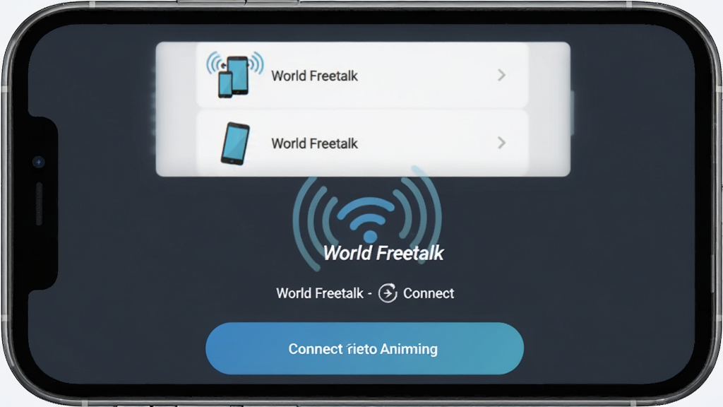 ���壺�ֻ���Ļ��ʾWorld Freetalk���Ӷ��������֣����й�ͼ���Ű棺�Ϸ�Ϊ�豸�б����·�Ϊ���Ӱ�ť��������±�ƽ����ϸ�ڣ��豸ͼ���Wi-Fi�źŲ��ƣ����ʣ����壬�ɾ����޶���Ԫ��