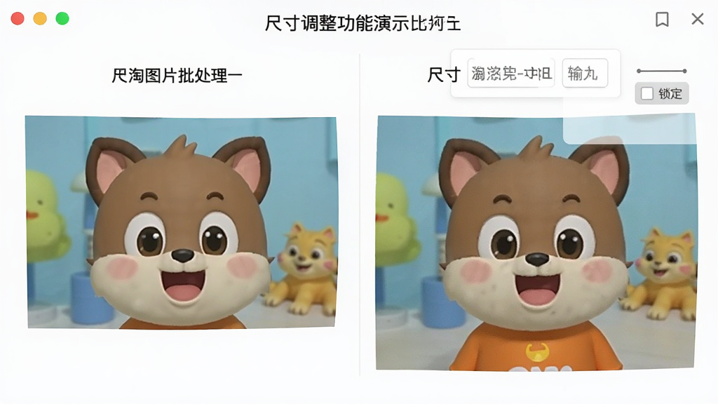 淘淘图片批处理之星尺寸调整功能演示,左侧为原始图片,右侧为调整尺寸后的效果对比,界面展示尺寸输入框与比例锁定选项,背景简洁,色彩明快,突出操作便捷性,画面干净无杂乱元素