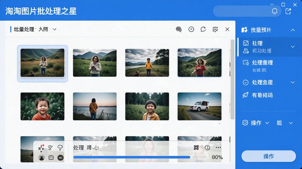 淘淘图片批处理之星主界面预览,展示其批量处理列表、功能面板与操作按钮,布局清晰,风格简洁现代,色调以蓝白为主,界面中央显示多张图片缩略图及处理进度条,整体画面干净明亮,高分辨率,细节丰富