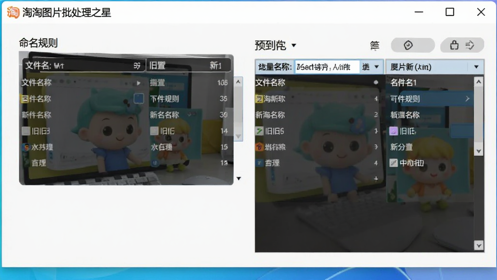 淘淘图片批处理之星批量重命名设置窗口,展示命名规则编辑框与预览列表,文件名称按设置自动更新,界面清晰展示新旧名称对照,整体风格清爽,色调明快,突出高效管理能力,画面干净整洁