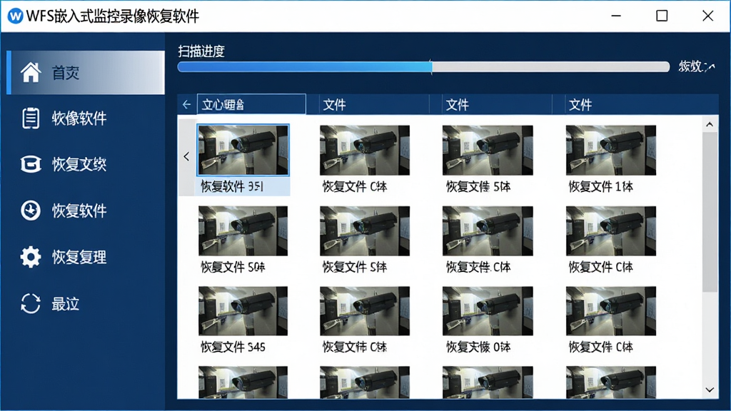 主体:WFS嵌入式监控录像恢复软件主界面,显示扫描进度条和文件列表;布局:左侧功能导航,右侧预览窗口;排版:清晰分栏,图标化按钮;风格:现代科技感,深蓝与白色搭配;细节:界面标注“WFS嵌入式监控录像恢复软件”字样,文件列表显示恢复的录像片段缩略图;画质:高清,干净,无多余元素。