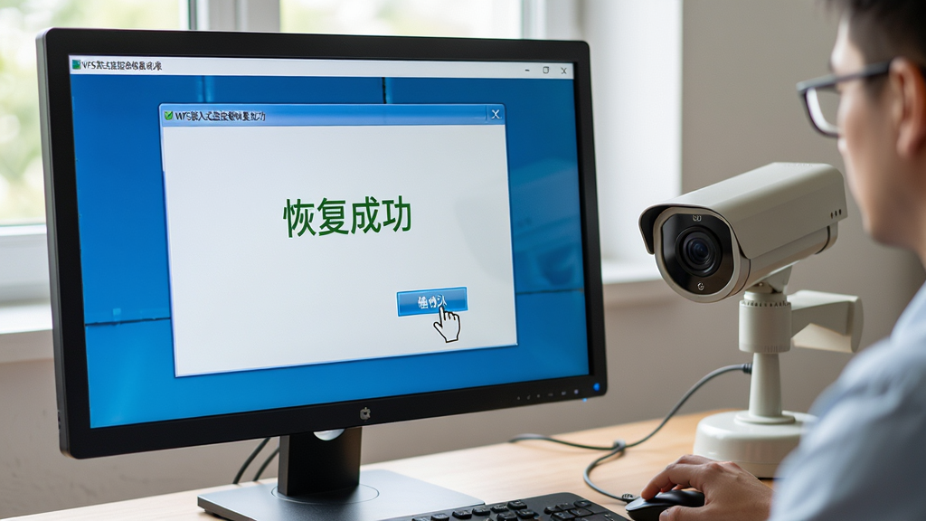 主体:用户正在使用WFS嵌入式监控录像恢复软件恢复录像,电脑屏幕显示恢复成功界面;布局:电脑屏幕特写,旁边放置监控摄像头;排版:画面聚焦屏幕内容;风格:写实场景,自然光;细节:屏幕显示“恢复成功”字样,鼠标点击确认按钮;画质:高清,干净,无多余元素。