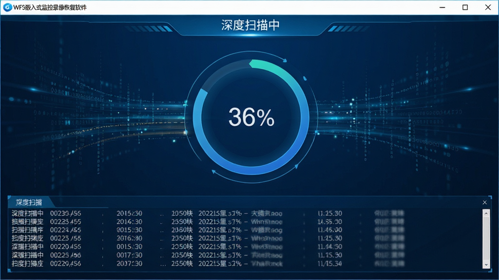 主体:WFS嵌入式监控录像恢复软件深度扫描界面,显示磁盘扇区扫描动画;布局:扫描进度圆环,下方实时滚动的数据块;排版:简洁直观,进度百分比居中;风格:科技蓝背景,数据流特效;细节:界面文字“深度扫描中”,扫描结果按时间排序;画质:高清,干净,无多余元素。