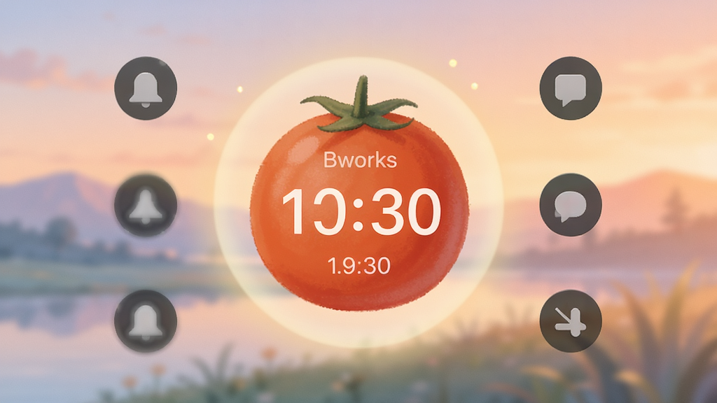 展示Bworks专注模式界面的插图,画面中心是一个正在进行中的番茄钟倒计时,周围环绕着柔和的光晕,界面上的通知图标呈静默状态,背景为渐变色的宁静风景,风格温馨治愈,画质细腻,无多余元素