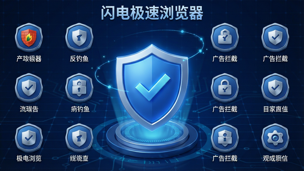 主体:闪电极速浏览器安全防护界面,屏幕中央有一个盾牌图标,盾牌上有对勾,周围环绕着各种安全功能图标(防火墙、反钓鱼、广告拦截等),背景为深蓝色科技网格;布局:盾牌居中,功能图标环绕排列;排版:图标大小均匀,文字标签清晰;风格:3D渲染,金属质感,蓝色调为主;细节:盾牌发光,每个图标下方有中文标注,顶部有“闪电极速浏览器”字样;画质:4K超清,干净整洁,无多余元素。