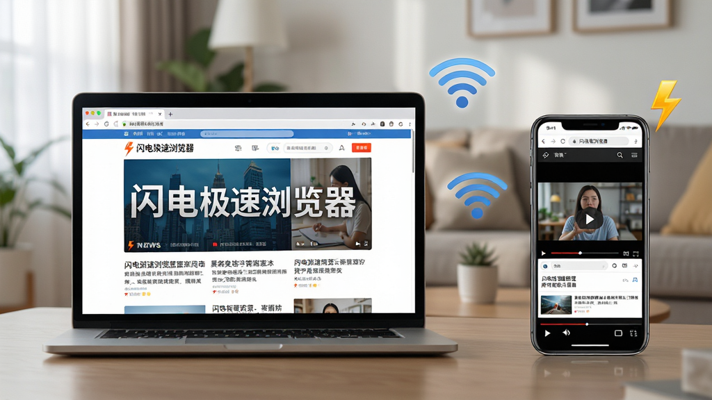 主体:闪电极速浏览器使用场景示意图,一台笔记本电脑和一个手机同时显示浏览器界面,屏幕上有“闪电极速浏览器”字样,背景为客厅场景;布局:电脑在左,手机在右,形成对比;排版:设备居中,界面清晰可见;风格:写实摄影风格,光线柔和;细节:电脑屏幕显示新闻页面,手机屏幕显示视频播放,旁边有WiFi图标和闪电标志;画质:高清,干净,无多余元素。
