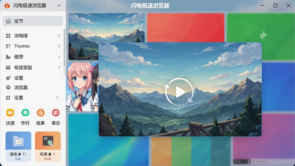 主体:闪电极速浏览器个性化起始页设置界面,左侧为设置菜单,右侧为预览窗口,背景可选风景、动漫、纯色等,页面顶部有“闪电极速浏览器”字样;布局:左右分栏,设置项排列整齐;排版:菜单项清晰,预览窗口大而直观;风格:简洁现代,色彩柔和;细节:背景图切换效果、快捷图标排列、小组件展示;画质:高清,干净,无多余元素。