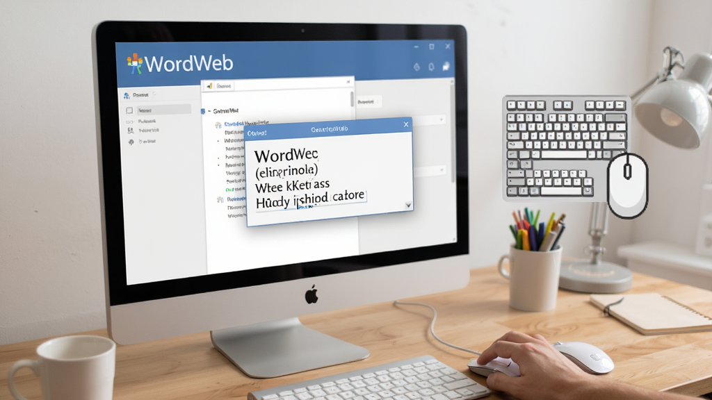 ʹ�ü���ʾ��ͼ: չʾ�û�����ʹ��WordWeb��ȫ���ȼ����ܣ���Ļ�ϵ���һ��С������ʾ�������壬�Ա��м��̺�����ͼ�꣬����Ϊ�������棬�������������дʵ���ɾ�������