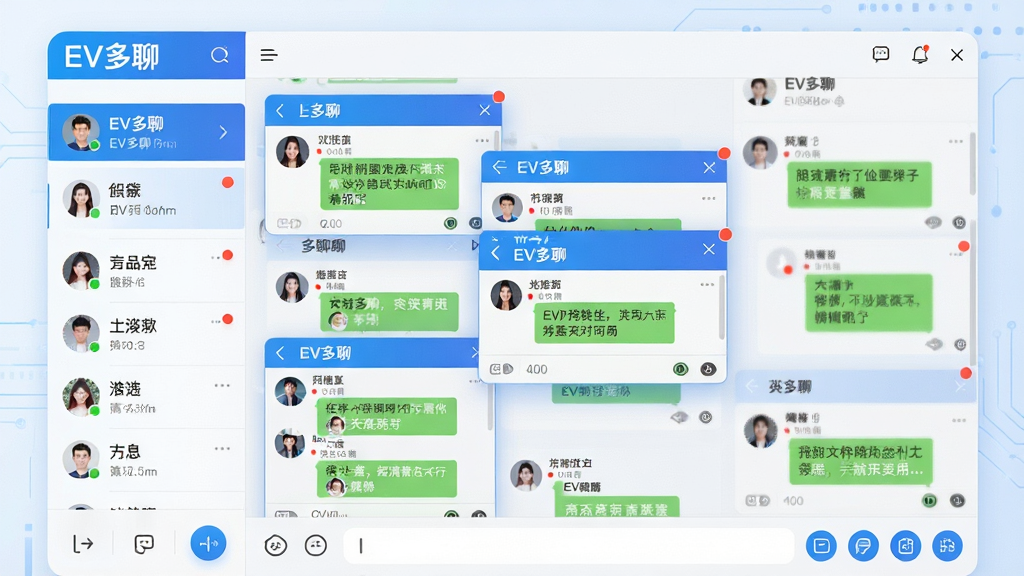 主体:EV多聊软件主界面展示,屏幕上有多个微信聊天窗口并行排列,每个窗口标题栏显示不同账号名称;布局:界面分为左侧账号列表栏、右侧聊天区域,底部有功能按钮;排版:清晰整洁,窗口采用卡片式悬浮布局;风格:现代简约,蓝色科技感主色调,背景淡雅;细节:窗口带有消息提醒红点,账号头像清晰可见,界面文字显示“EV多聊”标志;画质:高清渲染,干净无多余元素
