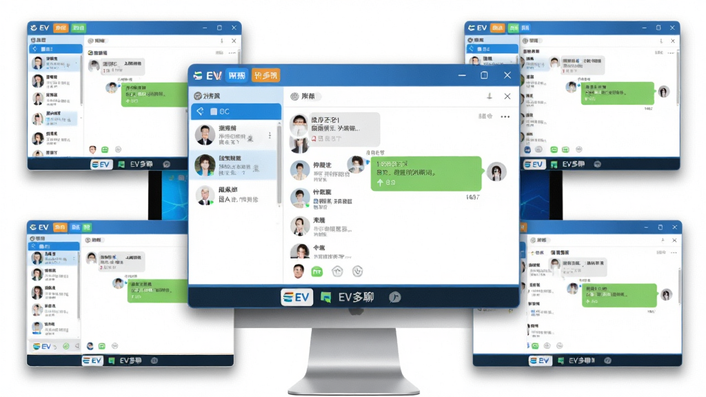 主体:电脑屏幕上多个微信窗口同时打开,每个窗口显示不同联系人列表,其中几个窗口正在接收消息;布局:窗口错落有致,中心主窗口较大,周围小窗口环绕;排版:对称排列,窗口边缘有阴影效果;风格:明亮清晰,科技蓝与白色搭配;细节:每个窗口标题栏有不同颜色标签,底部任务栏显示“EV多聊”图标;画质:高清,干净,无多余元素