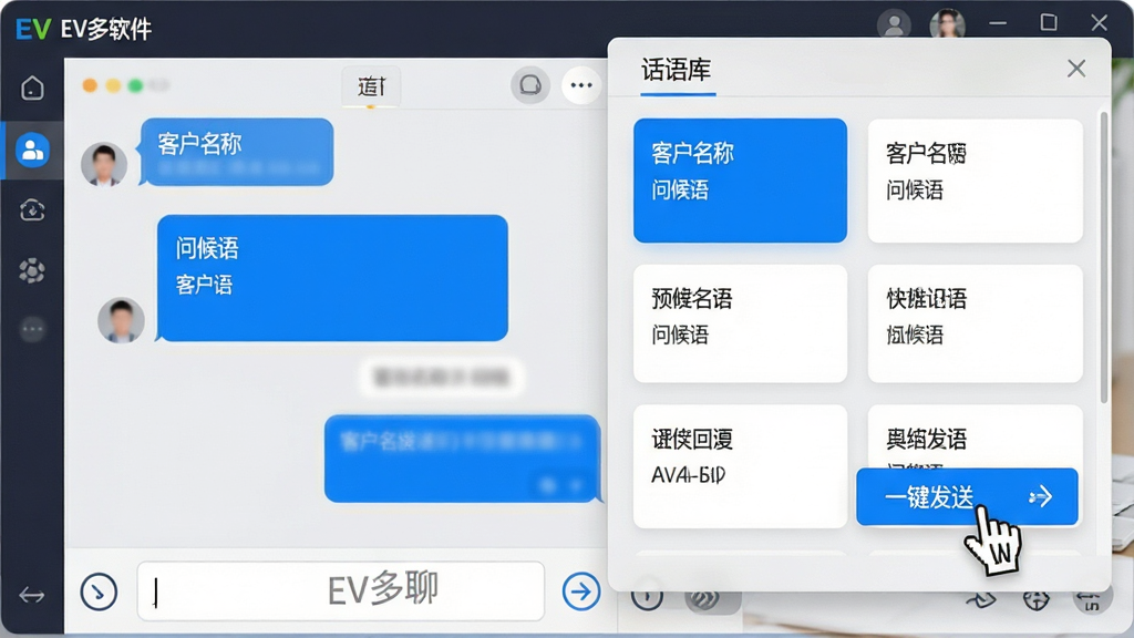 主体:EV多聊软件界面展示快捷回复面板,面板内有多个预设话术卡片,鼠标悬停在“一键发送”按钮上;布局:左侧为聊天窗口,右侧为话术库面板,下方为输入框;排版:左右分栏,话术卡片整齐排列;风格:现代商务,浅灰色背景,蓝色点缀;细节:话术卡片上文字清晰,有“客户名称”、“问候语”等标签,输入框带有“EV多聊”水印;画质:高清,干净,无多余元素