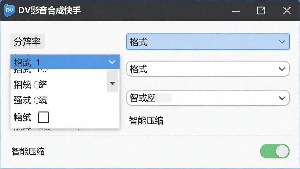展示导出设置界面的截图,分辨率选择下拉菜单、格式选项清晰,还有“智能压缩”开关,界面简洁,突出“DV影音合成快手”的高清导出能力,画质干净。