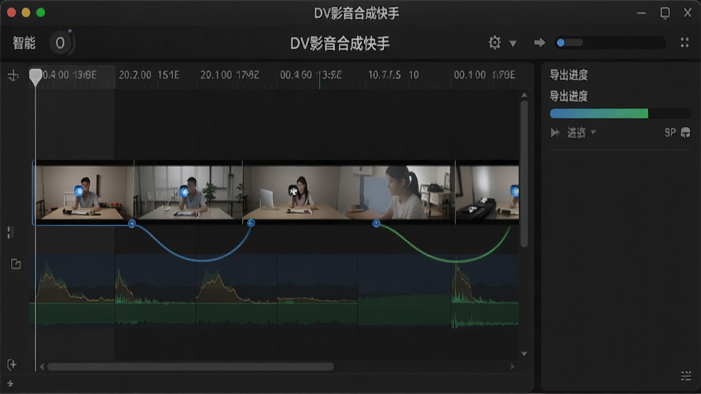 展示视频合成过程的界面截图,时间线上多段视频片段首尾相连,带有平滑转场效果,右侧显示导出进度条,背景为深色界面,突出“DV影音合成快手”的智能处理能力,画质清晰,细节丰富。