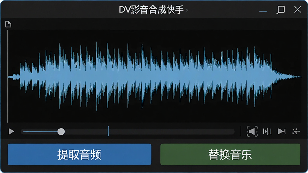 显示音频编辑界面的图片,波形图清晰可见,下方有“提取音频”和“替换音乐”按钮,界面简洁直观,突出“DV影音合成快手”的音频处理功能,画质高清,无杂乱元素。