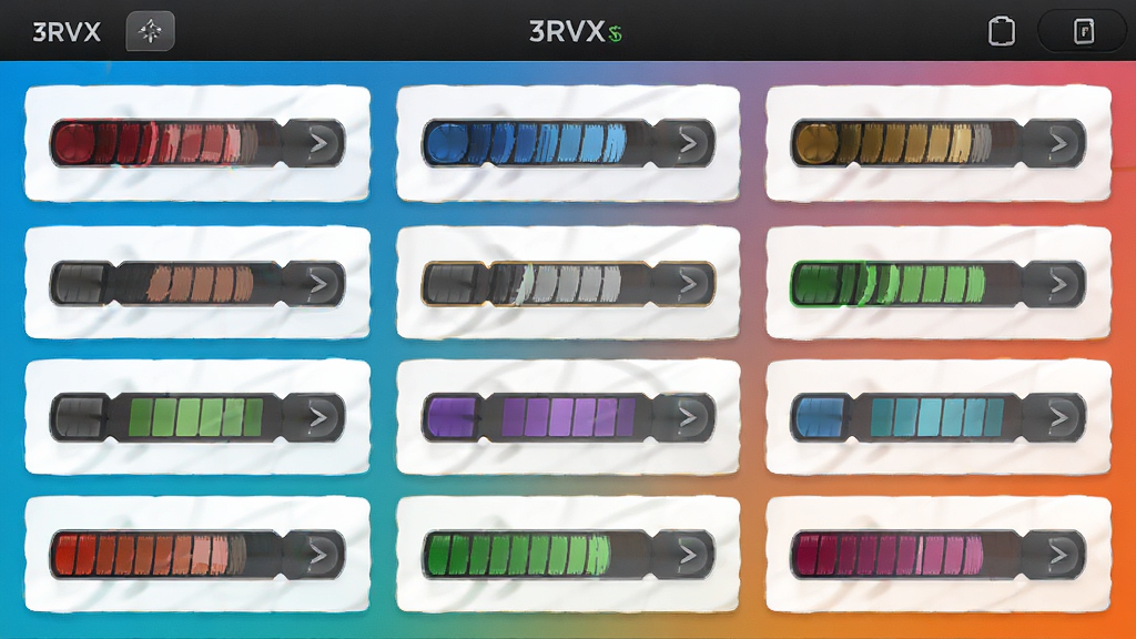 展示电脑音量控制器(3RVX)的多种皮肤预览,界面呈网格布局,展示不同颜色、形状、透明度的音量条样式,背景为纯色渐变,风格简洁明快,细节精致,画质高清,无多余元素。