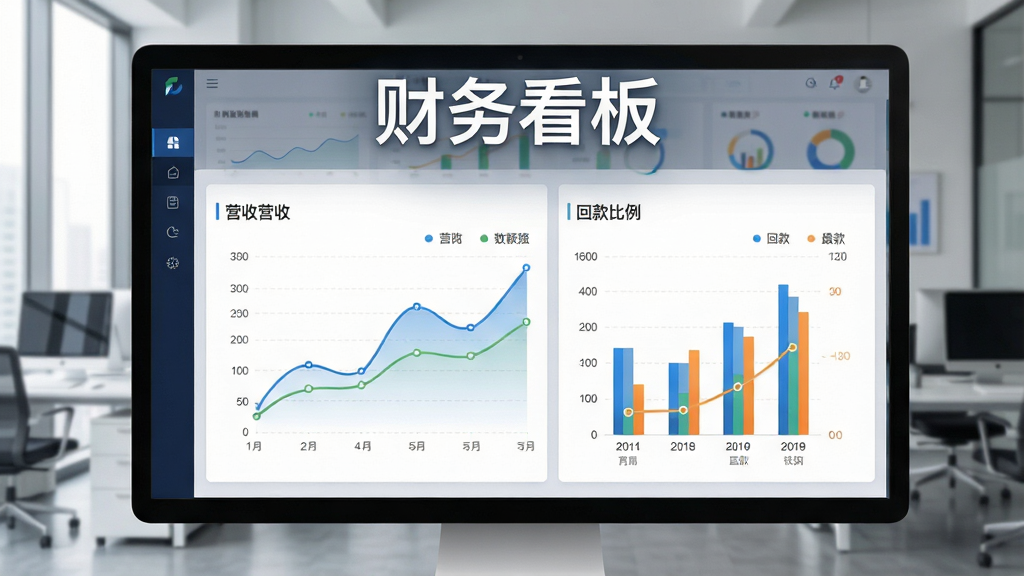 广告公司管理软件的财务报表页面,显示营收曲线与回款比例图,数据清晰,背景为办公室场景,文字“财务看板”,高清画质,无多余元素