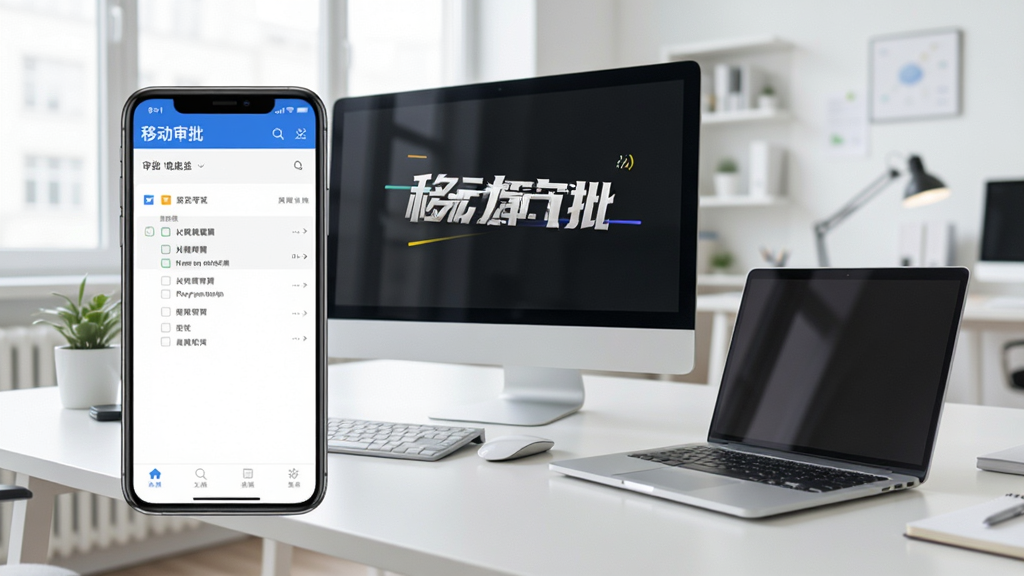 广告公司管理软件移动端使用场景,手机屏幕显示审批列表,桌面有电脑与笔记本,办公环境明亮,文字“移动审批”,摄影风格,高清晰度,干净无杂物