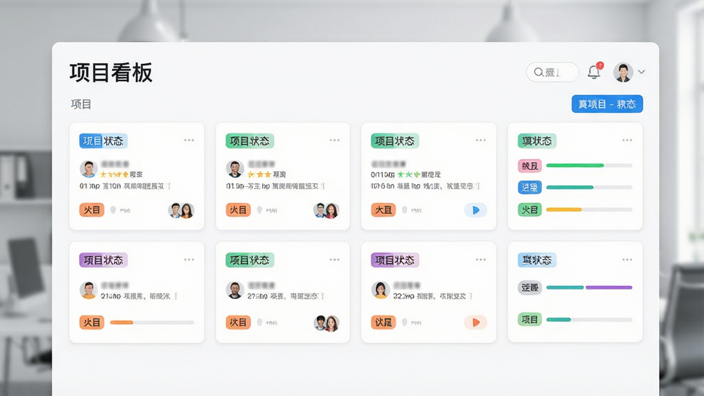 广告公司管理软件的项目看板界面,展示多个项目卡片与进度条,彩色标签区分状态,界面简洁现代,文字“项目看板”,高分辨率,干净整洁