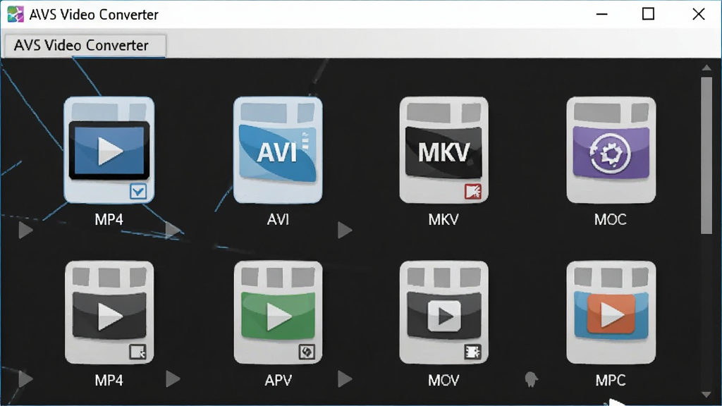 AVS Video Converter��ʽѡ����棬չʾ������Ƶ��ʽͼ�������Ԥ�裬����MP4��AVI��MKV��MOV�ȣ������࣬ͼ���������ִ���ƽ����ƣ����ʸɾ�