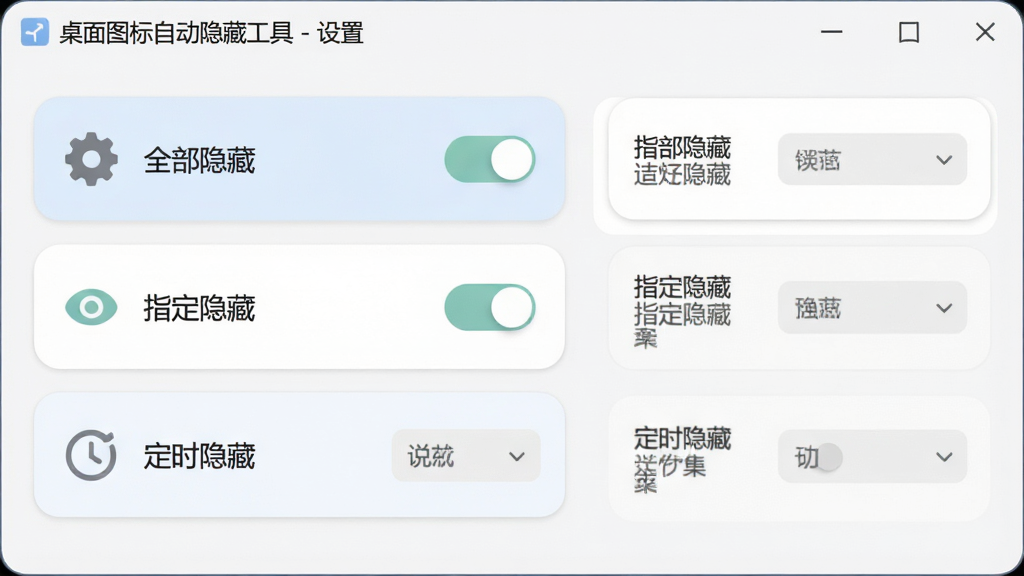 ���壺����ͼ�����ý��棬չʾ��������ģʽѡ�������ȫ�����ء�����ָ�����ء�������ʱ���ء���ÿ��ѡ�����п��غ������˵������֣�����Ϊǳɫ���ڣ�����б����Ҳ���ϸ���á��Ű棺���ڱ�������ʾ������ͼ���Զ����ع��� - ���á����·�Ϊѡ���б�����񣺸ɾ������UI��ƣ�Բ�ǿ�Ƭ��ϸ�ڣ�ѡ��ͼ��ΪС���ֺ��۾�����ɫ��͡����ʣ����壬�������ɾ����޶���Ԫ�ء�