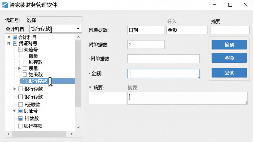 主体:管家婆财务管理软件的凭证录入界面,显示会计科目选择下拉框、金额输入框和摘要栏。布局:表单居中,左侧科目树,右侧按钮区域。排版:表单字段排列整齐,科目树清晰可展开。风格:清爽商务风格,浅灰色背景,蓝色按钮。细节:凭证号、日期、附单据数等字段清晰可见,光标在“银行存款”科目上。画质:高清,干净,无多余元素。