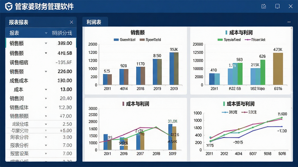 主体:管家婆财务管理软件的报表分析界面,显示利润表、柱状图、折线图。布局:左侧报表列表,右侧图表展示区。排版:图表带有图例和数值标签,报表数据清晰。风格:现代商务风格,深蓝色背景,白色文字。细节:销售额、成本、利润数据以不同颜色区分。画质:高清,干净,无多余元素。