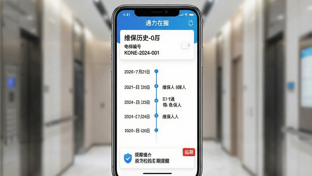 ���壺ͨ������APP�豸����ҳ�棬��ʾ���ݱ�š�ά����ʷ��¼������´μ����������ѣ����֣��ֻ��������棬�Ϸ�Ϊ�豸������Ϣ��Ƭ���м�Ϊʱ������ʽ����ʷ��¼���·�Ϊ���������Ű棺��Ϣ������ȷ��ʱ����������������¼�Լ����ɫ��׺��ϸ�ڣ���Ļ�С�ͨ�����ա���ʶ���豸��š�KONE-2024-001������ʷ��¼�������ں�ά�����������������к�ɫ�����ڡ���ǣ����ʣ����壬�ɾ����޶���Ԫ�ء�