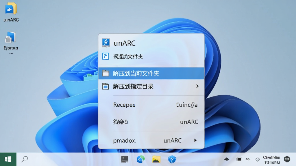 չʾunARC�Ҽ��˵����ܵĽ�ͼ������ΪWindows�����Ҽ��˵����˵�����ͻ����ʾ����ѹ����ǰ�ļ��С��͡���ѹ��ָ��Ŀ¼������ѡ�����Ϊ�����������ֽ���˵���ʽΪWindows 11������廭���࣬���ʸ��壬�޶���Ԫ��