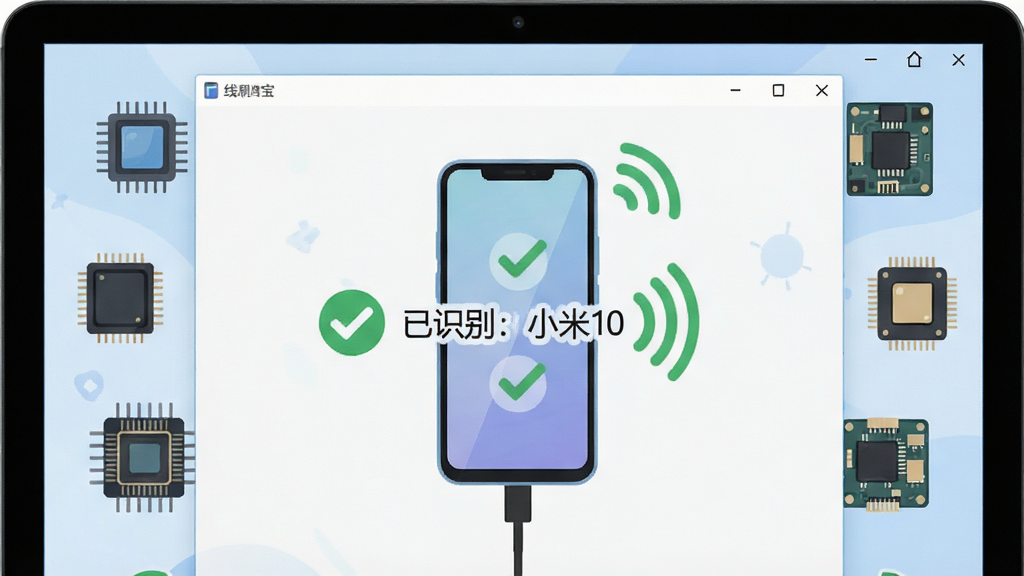 功能预览图:线刷宝软件自动识别手机型号的界面特写,主体为电脑屏幕上的软件窗口,窗口内展示一部已连接的手机卡通形象和“已识别:小米10”的文字提示,布局为居中排版,周围环绕芯片、主板等科技元素图标,风格为扁平化插画风,细节有绿色对勾和信号波纹,画质干净,无多余元素