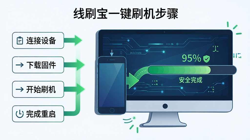 操作流程图:线刷宝一键刷机步骤的流程示意图,主体为电脑屏幕与手机关联的动画截图,左侧为操作步骤列表(连接设备→下载固件→开始刷机→完成重启),右侧为进度条显示95%,布局为左右流程图样式,风格为科技感线条插画,细节有绿色箭头和“安全完成”字样,画质干净,无多余元素