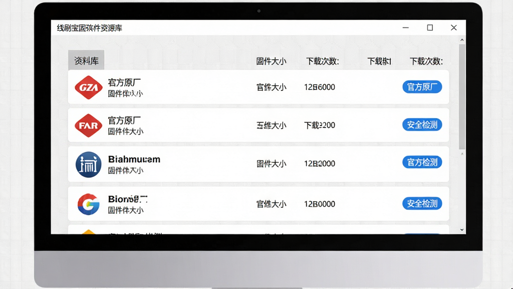 资料库界面图:线刷宝固件资源库的页面预览,主体为电脑显示器中展示的软件界面,界面以列表形式排列多款手机固件包,每行显示品牌logo、固件大小、下载次数,布局为规整的表格排列,背景为浅灰网格纹理,风格为简洁商务风,细节有“官方原厂”“安全检测”蓝色标签,画质高清,干净,无多余元素
