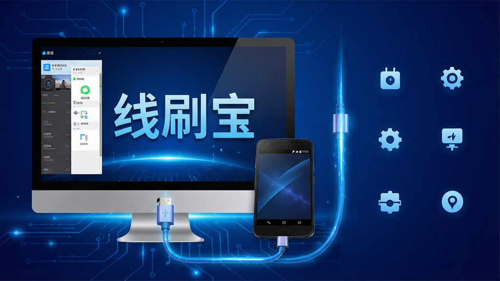 主视觉图:智能刷机工具线刷宝的科技感宣传横幅,主体为电脑屏幕连接一部安卓手机,屏幕中显示“线刷宝”三个大字的品牌标识,布局采用左右分栏,左侧为软件界面截图,右侧为简洁功能图标排列,整体风格为深蓝渐变背景配亮蓝色光效线条,细节包含数据线连接的光影流动效果,画质高清,干净,无多余元素