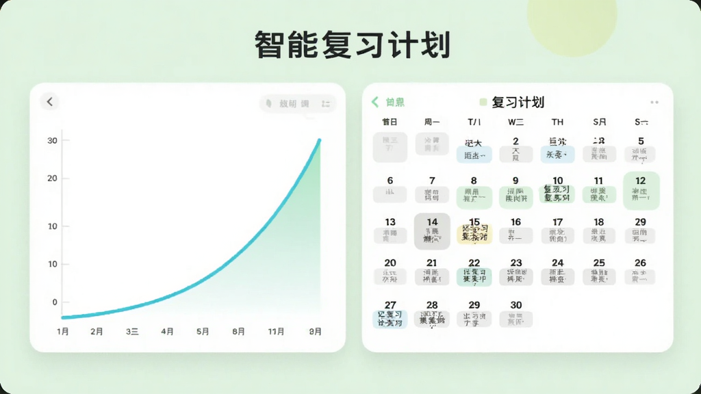 能飞背单词软件界面中展示记忆曲线与复习计划表的预览图,左侧为一条上升的曲线图,右侧为日历式复习安排,背景为淡绿色,整体画面干净,文字标注“智能复习计划”,风格简约清晰,画质高
