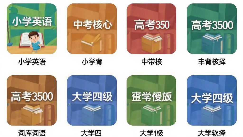 能飞背单词软件中词库选择界面的截图,展示多个词库封面图标,包括“小学英语”“中考核心”“高考3500”“大学四级”等,每个图标色彩不同,排列整齐,背景为白色,页面设计直观,画质清晰,无多余元素