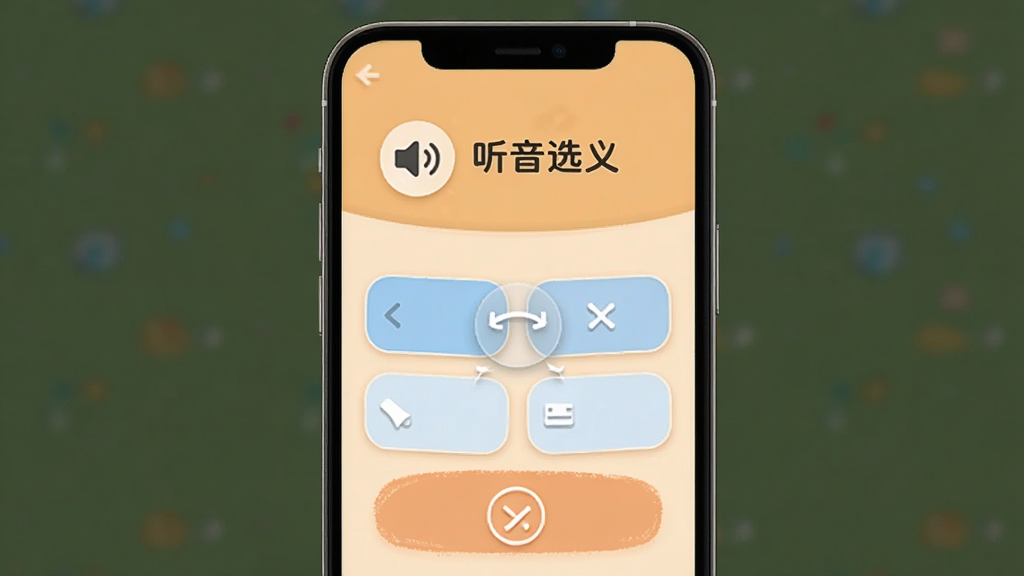 能飞背单词软件在手机端运行“听音选义”模式的模拟界面,顶部显示喇叭图标和单词读音,下方四个选项按钮,背景为浅橙色,界面简洁活泼,画质干净,突出交互感