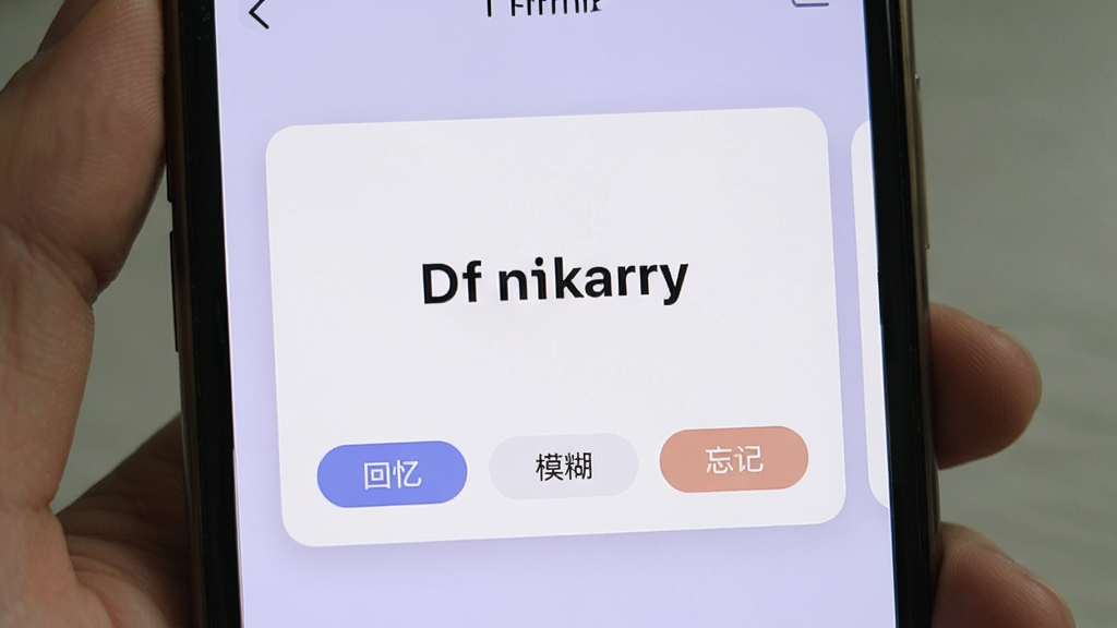 能飞背单词软件在手机端学习过程中的截图,屏幕中央显示单词卡片,卡片底部有“回忆”“模糊”“忘记”三个按钮,背景为浅紫色,界面干净,文字清晰,整体风格柔和,画质高