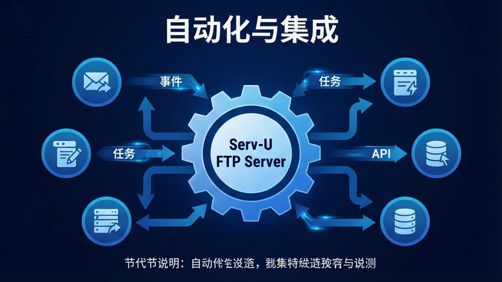 主体:一个齿轮图标与自动化流程示意图,齿轮中心有“Serv-U FTP Server”字样,周围环绕着“事件”、“任务”、“API”等标签。布局:中心为齿轮,四周为流程节点,用箭头连接。排版:上方标题“自动化与集成”,下方为节点说明。风格:科技感、蓝色渐变。细节:每个节点有对应的小图标,如邮件、脚本、数据库。画质:高清,干净,无多余元素。