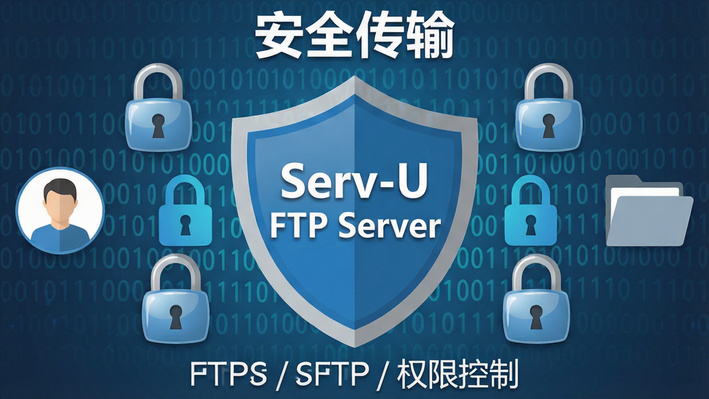 主体:一个盾牌图标,盾牌中央有“Serv-U FTP Server”字样,背景为二进制数字流和锁定图标。布局:盾牌居中,周围环绕着加密锁、用户头像、文件夹图标。排版:盾牌上方标题“安全传输”,下方列出“FTPS / SFTP / 权限控制”。风格:扁平化、蓝色与灰色搭配、简洁专业。细节:盾牌上的文字“Serv-U FTP Server”清晰,锁图标有光泽。画质:高分辨率,干净,无多余元素。
