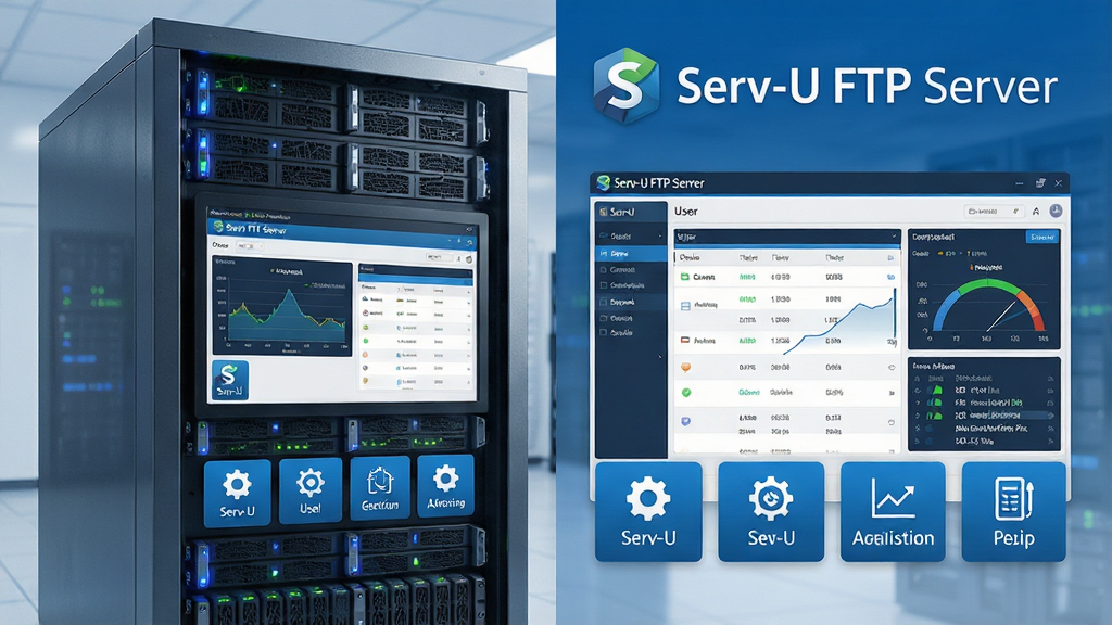 主体:一台现代化的服务器机柜,正面屏幕显示“Serv-U FTP Server”管理控制台界面,界面包含连接状态图表、用户列表、实时传输速率。布局:机柜位于画面左侧,右侧留白区域展示放大的软件界面截图,形成对比。排版:上下结构,上方是软件Logo与名称,下方是功能模块图标。风格:科技感、蓝色调、干净明亮。细节:机柜指示灯闪烁,屏幕上有“Serv-U FTP Server”字样,界面元素清晰可辨。画质:高清渲染,干净,无多余元素。