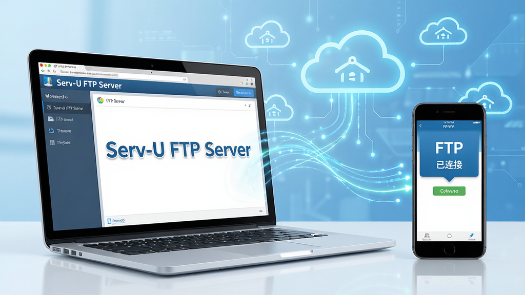 主体:一台笔记本电脑显示“Serv-U FTP Server”管理界面,旁边有手机屏幕显示FTP客户端连接成功。布局:电脑在左,手机在右,背景为云和网络图标。排版:中间用流动线连接。风格:明亮、简洁、科技感。细节:电脑屏幕上有“Serv-U FTP Server”字样,手机屏幕显示“已连接”。画质:高清,干净,无多余元素。