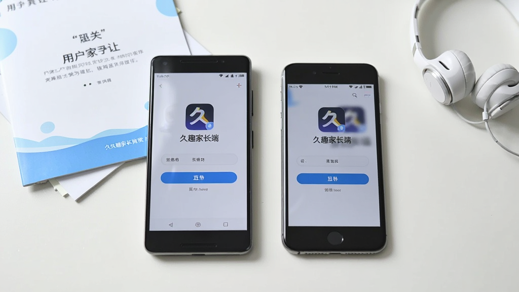 画面主体为一部安卓手机与一部苹果手机并排摆放,屏幕上都显示久趣家长端的登录界面,背景为简洁的桌面,放着用户手册和耳机。两手机位于画面中央,形成对称构图,屏幕中可见“久趣家长端”图标与登录按钮。风格为写实产品摄影,光线柔和,色彩自然。细节上,手机屏幕反光轻微,整体画质清晰,干净无多余元素。