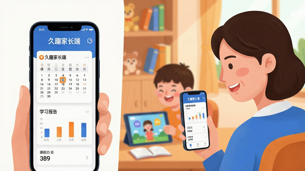 画面主体为一位家长手持手机,手机屏幕清晰显示“久趣家长端”应用界面,界面内有课程日历与学习报告图表。背景是温馨明亮的家庭书房,孩子正在一旁用平板电脑开心地上英语课。整体布局采用左实右虚的构图,主体人物位于画面右侧三分之一处,左侧留白放置应用界面特写。风格为扁平化结合轻微拟物质感,色彩以久趣品牌蓝色和橙色为主,色调明快温馨。细节上,家长面带微笑,目光专注,手机界面上的文字“久趣家长端”清晰可见。画质高清,干净无多余元素。